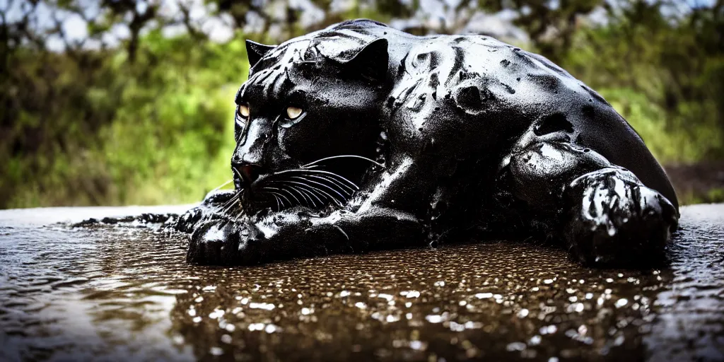 Prompt: a panther, made of ferrofluid, bathing inside the tar pit, full of goo, covered with ferrofluid. dslr, photography, realism, animal photography, color, savanna, wildlife photography
