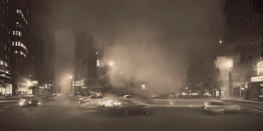 Image similar to a high resolution photo of a new york street at night surrounded with smoke and cars with bright headlights by joel meyerowitz, realistic photo, trending on artsation,