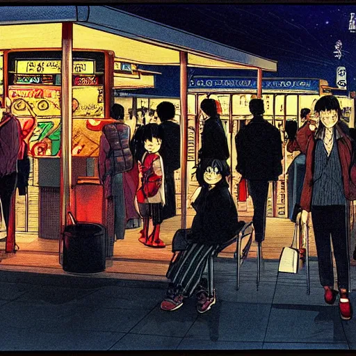 Prompt: some people waiting in bus stop in dark city night, detailed, high quality, high resolution, by rumiko takahashi