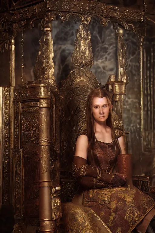 Image similar to the elder scrolls vi, charismatic regal brunette female jarl, portrait, rustic throne room, atmospheric lighting, painted, intricate, volumetric lighting, beautiful, daytime,, slight overcast weather, 4 0 0 0 k, sharp focus, deep colours, ultra detailed, by leesha hannigan, ross tran, thierry doizon, kai carpenter, ignacio fernandez rios