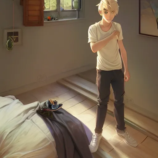 Image similar to young man with short, ash blond greyish hair, light brown eyes, casual clothes, hanging out on a bed, path traced, highly detailed, high quality, digital painting, by don bluth and ross tran and studio ghibli and alphonse mucha, sylvain sarrailh