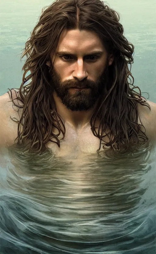 Image similar to portrait of the god of the lake, 30 years old, rugged, long hair, male, gorgeous, detailed face, amazing, thighs!!!!!!, muscular, intricate, highly detailed, digital painting, artstation, concept art, sharp focus, illustration, art by greg rutkowski and alphonse mucha