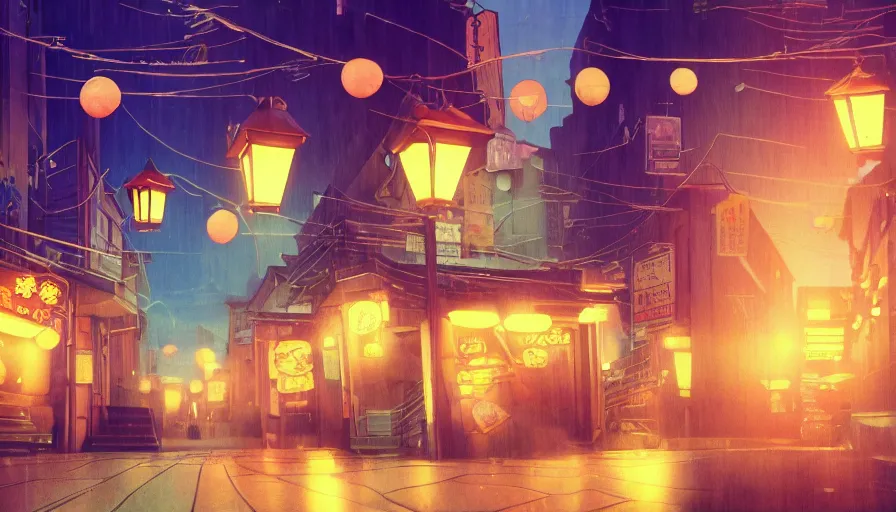 Image similar to A film still from a 1990s Sailor Moon cartoon featuring a moody street in Japan with a waterfall and lanterns, lofi aesthetic, golden hour, cinematic look, film grain, high detail, high resolution, 8k