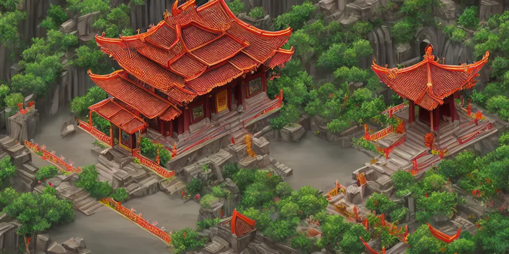 Image similar to vietnamese temple scene, 2 d game art background, sharp, detailed, intricate, game level design, cinematic lighting, trending on artstation, in style of vinodh sivaraja and lam manh, not isometric, not overhead, no people