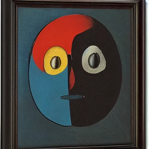 Image similar to A beautiful experimental art of a human face with a bird's beak protruding from the forehead. by Joan Miró, by Salomon van Ruysdael shadowy