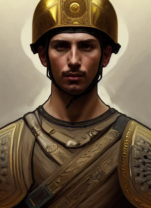 Image similar to symmetry!! portrait of roman soldier, ancient rome, intricate, elegant, highly detailed, digital painting, artstation, concept art, smooth, sharp focus, illustration, art by artgerm and greg rutkowski and alphonse mucha, 8 k
