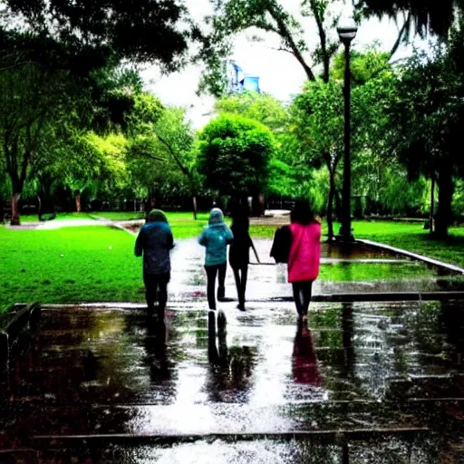 Prompt: : walking through a park after it rained