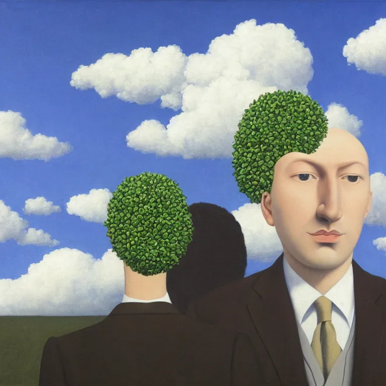 Image similar to portrait of a faceless beautiful flower - head man in a suit, clouds in the background, by rene magritte, detailed painting, distance, middle centered, hd, hq, high resolution, high detail, 4 k, 8 k