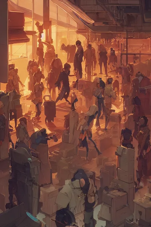 Image similar to inside a crowded dystopian supermarket behance hd artstation by jesper ejsing, by rhads, makoto shinkai and lois van baarle, ilya kuvshinov, ossdraws, that looks like it is from borderlands and by feng zhu and loish and laurie greasley, victo ngai, andreas rocha