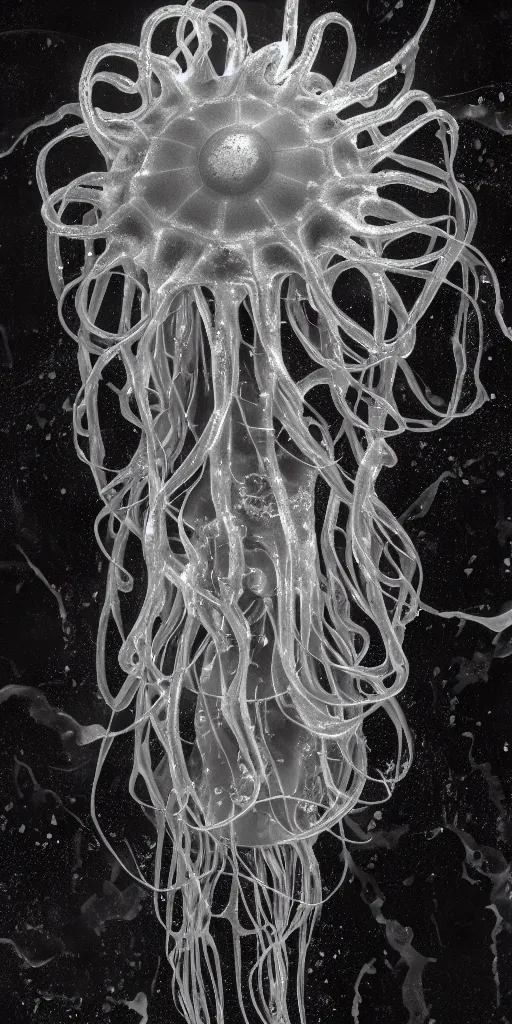 Image similar to a photorealistic render of a metallic neotribal jellyfish, greyscale, made of melted plastic and marble, c 4 d, by zhelong xu and ernst haeckel, wide angle, hyper realistic, plain black background, 8 k, volumetric lightning, octane render