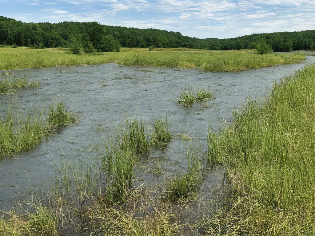 Image similar to photograph of a field by a dam and a river, new england