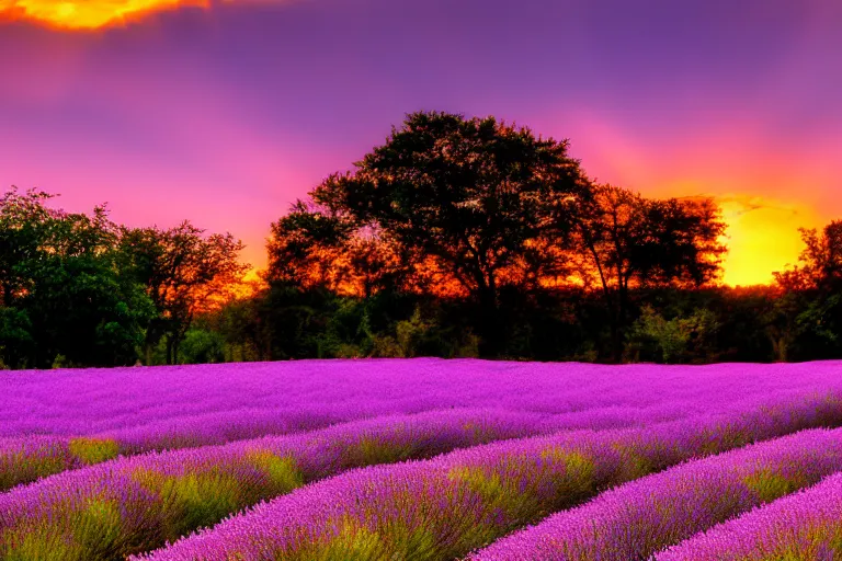 Prompt: beautiful scenery of a field of lavenders, one large tree, sunset, dramatic lighting