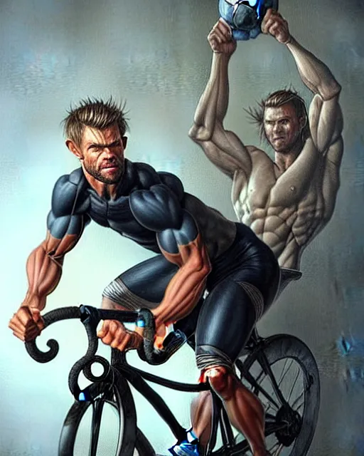 Prompt: a small man wearing glasses & cycling shorts having dinner with chris hemsworth, elegant, real life skin, intricate, high detailed, artstation, concept art, smooth, sharp focus, art by artgerm and greg rutkowski