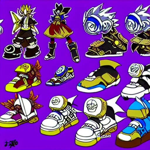 Image similar to fantasy jrpg sneaker design designed by capcom megaman, chrono trigger guilty gear sneaker styles, aztec mayan street fashion native punk sneaker design, focus on megaman hip hop sneaker design with subtle mayan patterns, trending on pixiv fanbox, painted by akira toriyama and studio ghibli princess mononoke megaman capcom