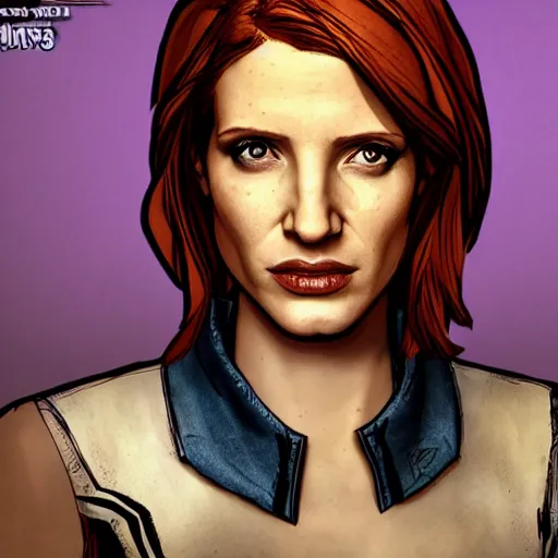 Image similar to jessica chastain portrait, borderlands, tales from the borderlands, the wolf among us, comic, cinematic lighting, studio quality, 8 k