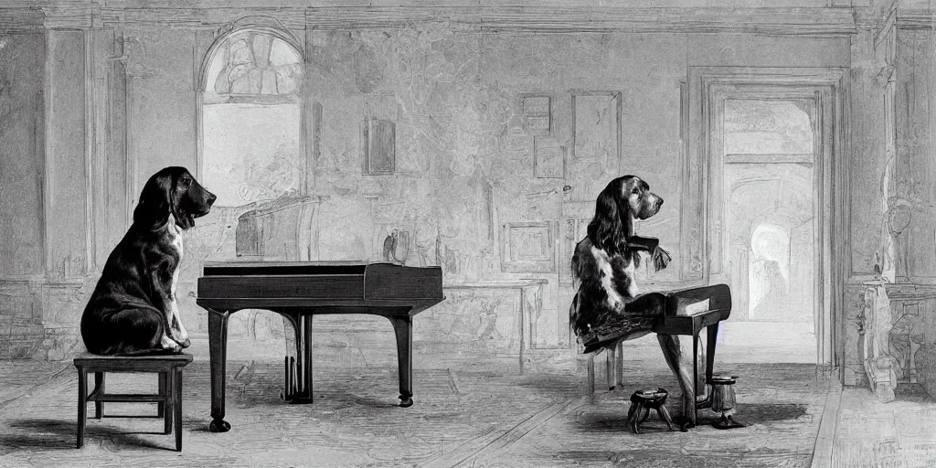 Image similar to sprocker Spaniel playing piano with a Martini on the side, book illustration, b&w