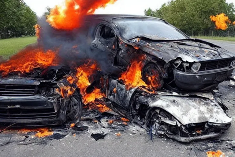 Prompt: a perfectly timed photo of a fiery car crash
