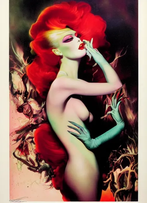 Image similar to an 8 0 s portrait of a woman with dark eye - shadow and red lips with dark slicked back hair dreaming acid - fueled hallucinations by serge lutens, rolf armstrong, delphin enjolras, peter elson