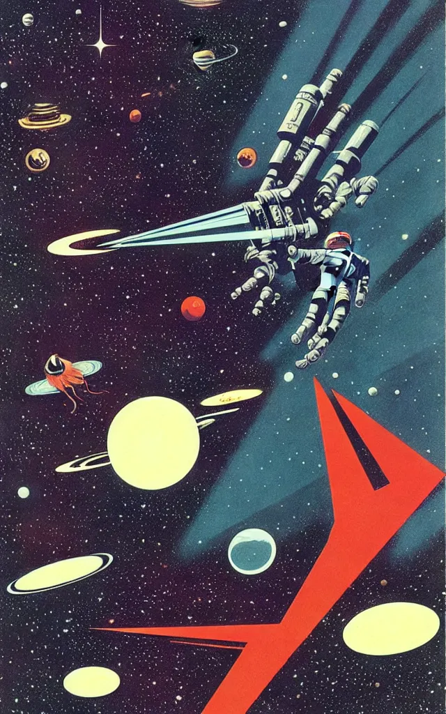 Prompt: space fantasy. bauhaus art. retro comicbook art. dean ellis.