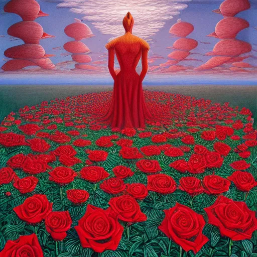 Prompt: a woman standing on red roses by jacek yerka, alex gray, zdzisław beksiński, dariusz zawadzki, jeffrey smith and h.r. giger, oil on canvas, 8k highly professionally detailed, trending on artstation