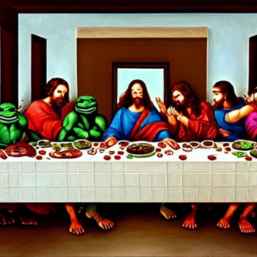 Image similar to realistic painting of the last supper with ninja turtles. pizza and coca cola are on the table. oil on canvas. 4 k