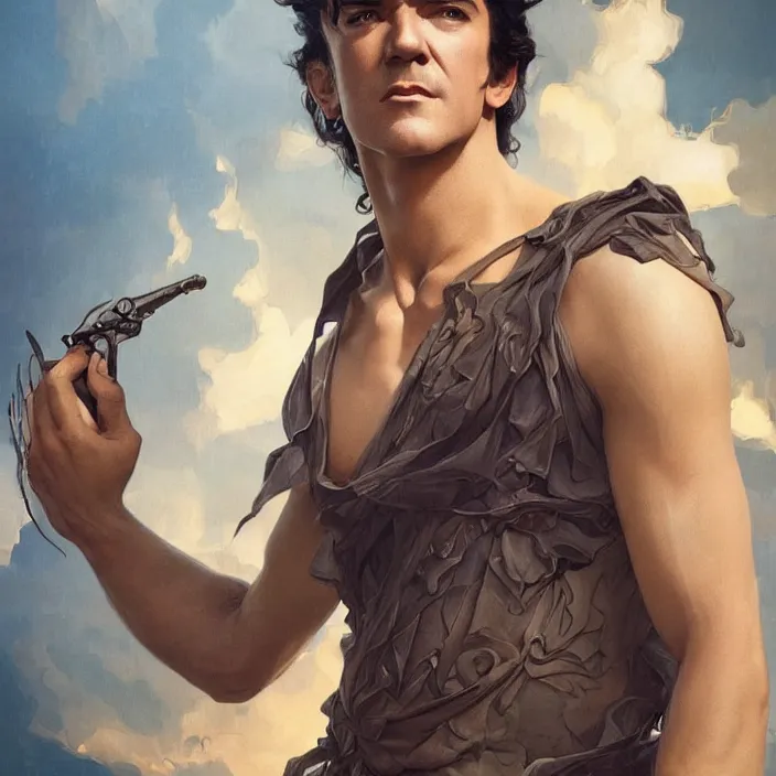 Image similar to handsome young antonio banderas, masterpiece, intricate, elegant, highly detailed, digital painting, artstation, concept art, smooth, sharp focus, illustration, art by artgerm and greg rutkowski and alphonse mucha and huang guangjian and gil elvgren and sachin teng, symmetry