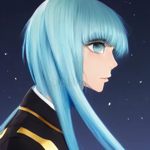 Image similar to profile shot of rimuru tempest, sky blue hair, ponytail, long bangs, gold eyes, black jacket with white stripes and a high collar, highly detailed, roman city, professional art, concept art, stock photo, cinematic, wlop | art by pixiv, ilya kuvshinov, greg rutkowski, yoshitaka amano