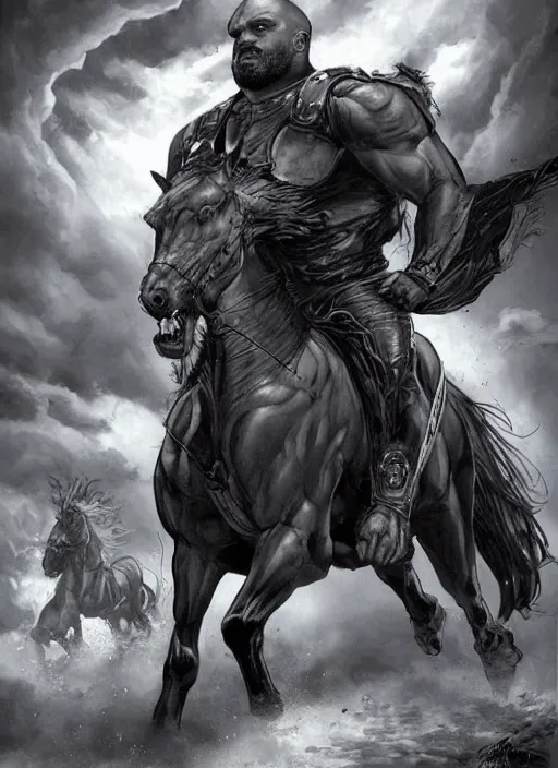Image similar to chubby ethan van sciver with a bald head and grey trimmed beard with a pointy nose as the first horseman of the apocalypse riding a strong big black stallion, horse is up on its hind legs, beautiful artwork by artgerm and rutkowski, breathtaking, beautifully lit, dramatic, full view