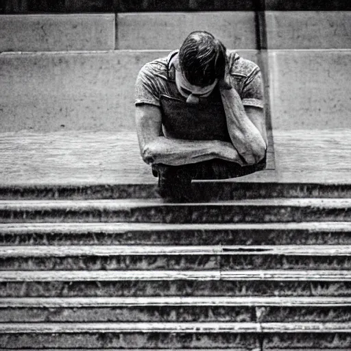 Prompt: an grainy photo of a man melting on the stairs