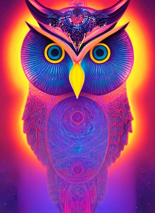 Image similar to symmetry!! product render poster vivid colors divine proportion owl, divine, glowing fog intricate, elegant, highly detailed, digital painting, artstation, concept art, smooth, sharp focus, illustration,