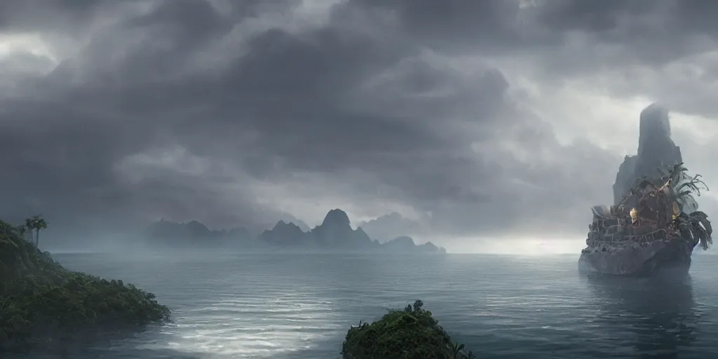 Prompt: screenshot from a movie, epic matte painting of a misty jungle island on choppy seas, fps, cinematic cinematography masterpiece, skull, greg rutkowski, and ivan aivazovski, roger deakins