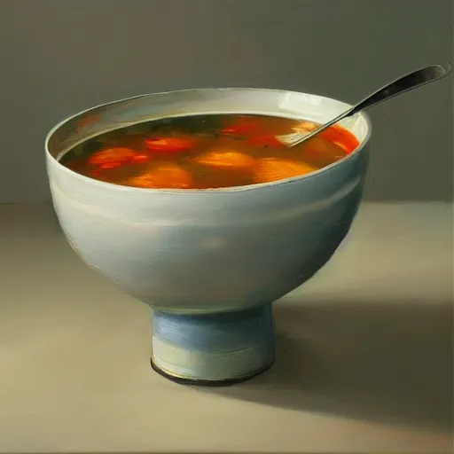 Prompt: a robot soup bowl, oil painting, pale colors, high detail, 8 k, wide angle, trending on artstation,