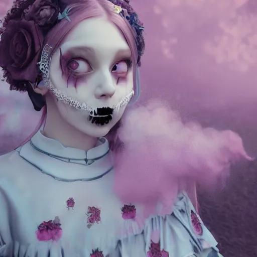 Image similar to 8 k, octane render, realism, tonalism, renaissance, rococo, baroque, cotton candy, portrait of a creepy young lady wearing long - harajuku manga - dress with flowers! and skulls