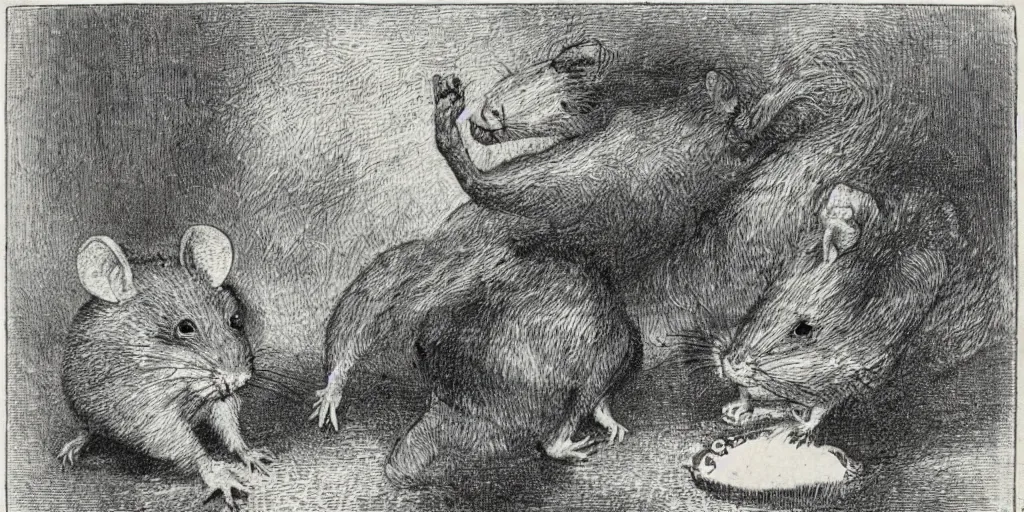 Image similar to third person view of a rat looking at a big cat, alice in wonderland book style, 1 8 9 0 s