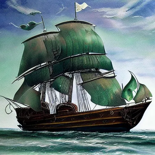 Image similar to pirate ship galleon dark green hull, pitch black sails, beautiful photorealistic painting