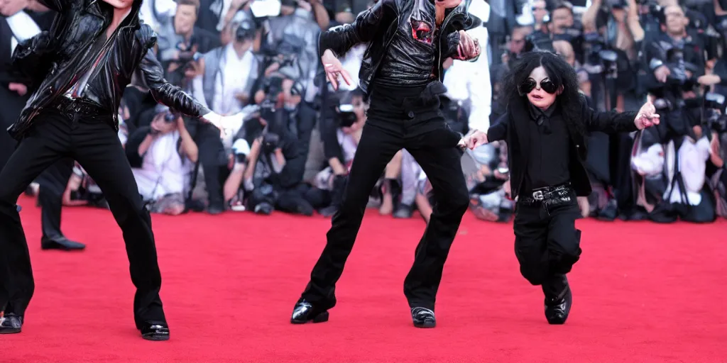 Prompt: michael jackson 2 0 0 9 style wearing shades, red carpet arrival, this is it style, photo real, pores, motion blur, solo, by himself, heroic pose, real life, spotted, ultra realistic face, accurate, 4 k, movie still, uhd, sharp, detailed, cinematic, render, modern