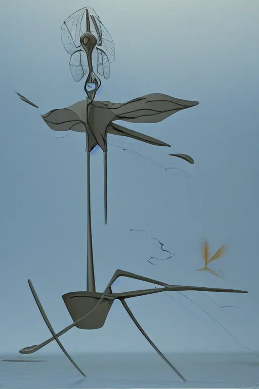 Image similar to a yves tanguy and oskar kokoschka 3 d render of a giant robotic dragonfly on a tiny island, 1 9 9 5 render