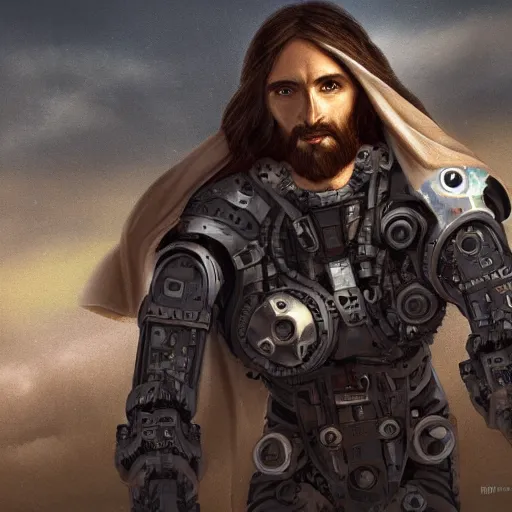 Image similar to Jesus in a mech suit, 4k photo, ancient robot