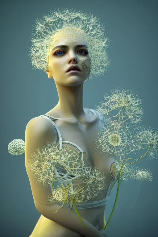 Image similar to intricate hyper detailed ultra sharp 3 d render of a beautiful porcelain cyberpunk women, unity of mood, large pore fungi embroidered, bright light, art nouveau, haute couture alexander mcqueen leaves stems dahlia transparent fractal dandelion yellow pistil filigree roots, octane render, volumetric cinematic lighting, 8 k post - production