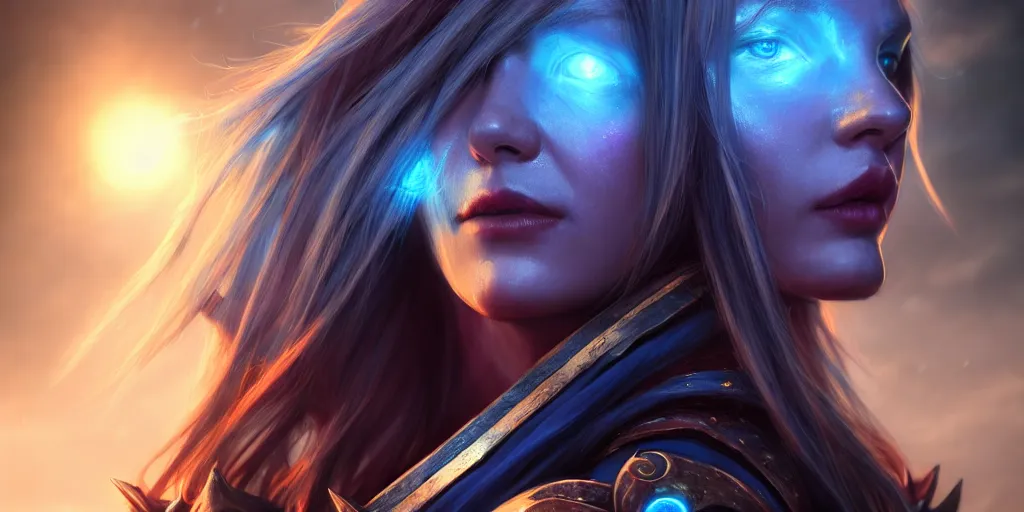 Image similar to ( ( ( ( ( hyperrealist distant portrait of sylvanas windrunner on a blue planet where it rains colors. ) ) ) ) ) by bayard wu, fantasy, photorealistic, octane render, unreal engine, dynamic lighting, trending on artstation, poster, volumetric lighting, very detailed faces, 4 k, award winning