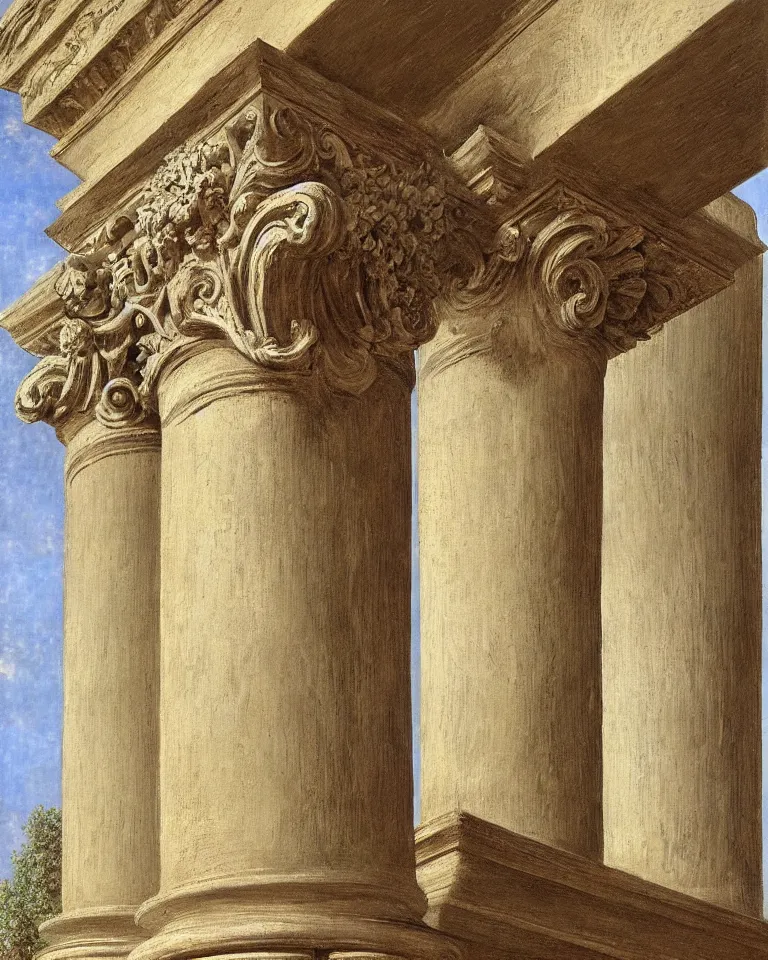 Prompt: achingly beautiful painting of intricate ancient roman corinthian capital on taupe background by rene magritte, monet, and turner. giovanni battista piranesi.