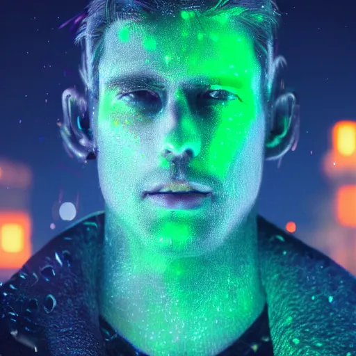 Prompt: human portrait made out of neon rain, handsome, epic detail, rendered in octane, unreal engine