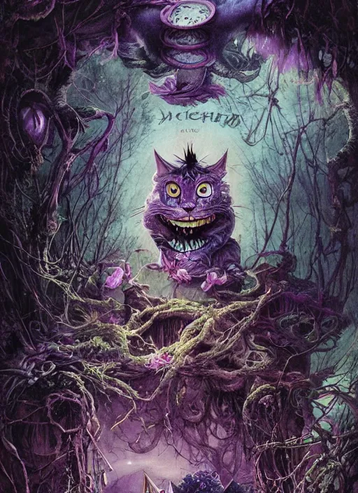 Image similar to cheshire cat the magician tarot card, highly detailed, cinematic, 8 k, by stanley artgermm, tom bagshaw, greg rutkowski, carne griffiths, ayami kojima, beksinski, giger, trending on deviantart, hyper detailed, horror, full of colour