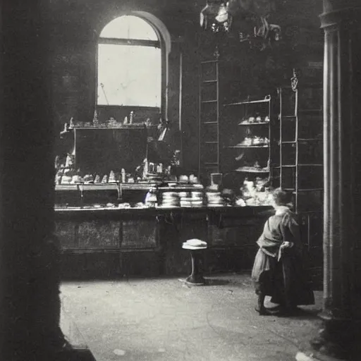 Image similar to nineteenth century, paris bakery interior, montmartre, photograph, style of atget, old, creepy