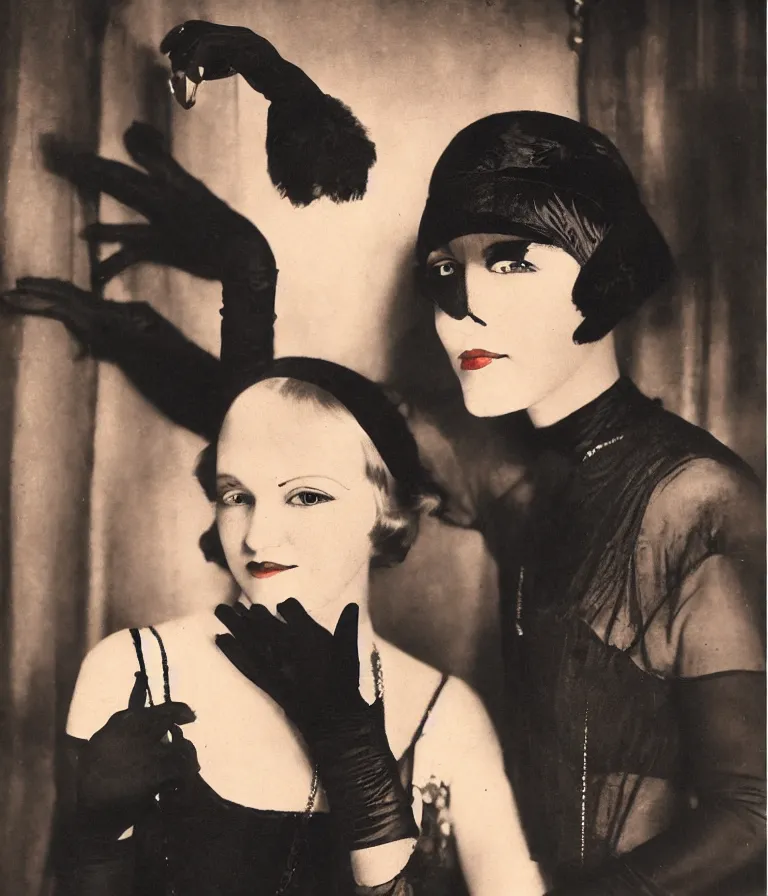 Image similar to antique colored shot of a 1 9 2 0 s short - haired flapper woman in black satin gloves looking and smirking at the camera, at a party in a dimly lit speakeasy bar, jazz age, precise, wide shot, cohesive, art deco, cinematic, low - lighting, photography