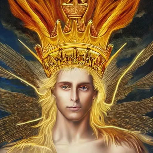Image similar to Oil canvas of Lucifer, ruler of Inferno, capital sin of Pride, Superbia, natural blonde gold like hair, intricate sophisticated well rounded face, good bone structure, bright glowing eyes as LEDs and neon, lean body, porcelain looking skin, attractive and good looking, tall, invincible, poses triumphantly over the remains of Heaven, wearing a crown made of Michael the archangel skull, by Michelangelo, Dark Fantasy mixed with Socialist Realism, exquisite art, art-gem, dramatic representation, hyper-realistic, atmospheric scene, cinematic, trending on ArtStation, photoshopped, deep depth of field, intricate detail, finely detailed, small details, extra detail, attention to detail, detailed picture, symmetrical, 2D art, digital art, golden hour, oil painting, 8k, 4k, high resolution, unreal engine 5, octane render, arnold render, 3-point perspective, polished, complex, stunning, breathtaking, awe-inspiring, award-winning, ground breaking, concept art, nouveau painting masterpiece