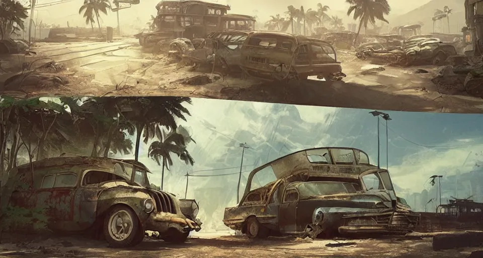 Image similar to fallout 5, tropical coastal city in real life, desolate, dilapidated, small settlements, abandoned retro futuristic vintage car and truck, buses, trees run rampant, illustration, perfectly shaded, oft painting, art by krenz cushart and wenjun lin