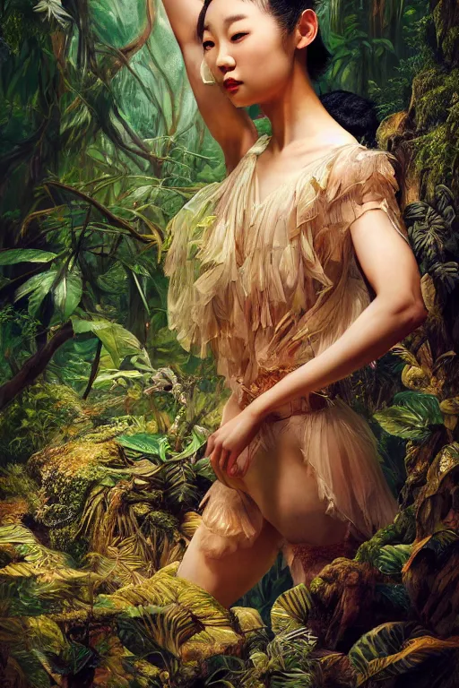 Image similar to stunningly beautiful, asian prima ballerina in jungle, symmetrical face, golden hour, smooth, focus, highly detailed, hyper realistic, dramatic lighting, elegant, intricate, concept art, art by wlop, mars ravelo, greg rutowski