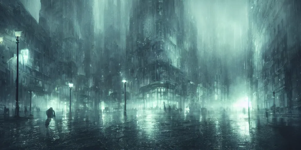 Image similar to a cold and melancholic city in a dark cavern, rainy and gloomy atmosphere, fantasy digital art, octane render, beautiful composition, trending on artstation, award - winning photograph, masterpiece