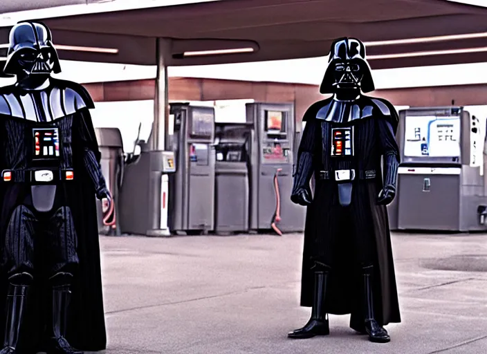 Image similar to film still of Darth Vader works at a gas station in the new Star Wars movie, 4k